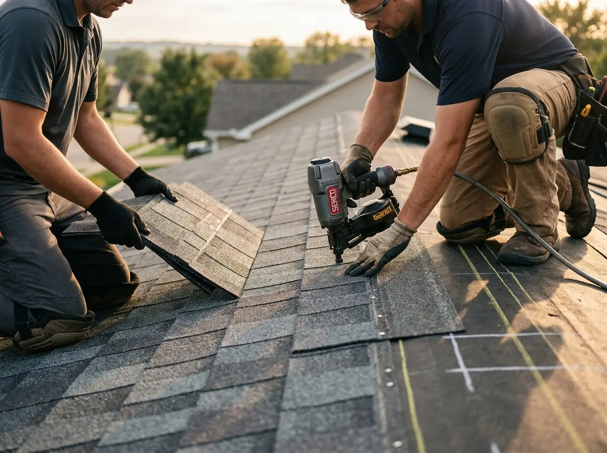 Professional roofer working on a residential roof in Moorestown